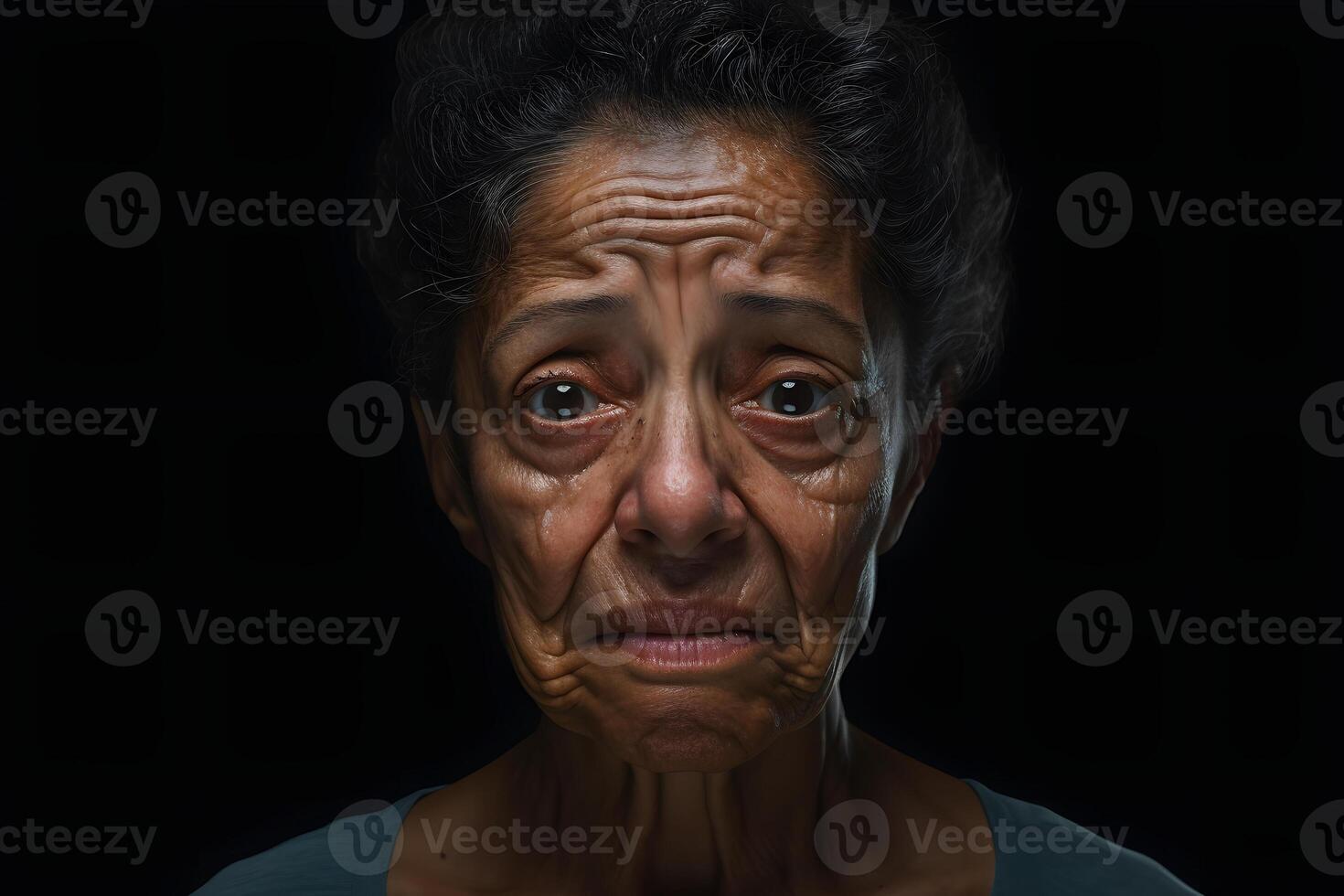Sad crying senior Latin American woman portrait on black background. Neural network generated photorealistic image photo