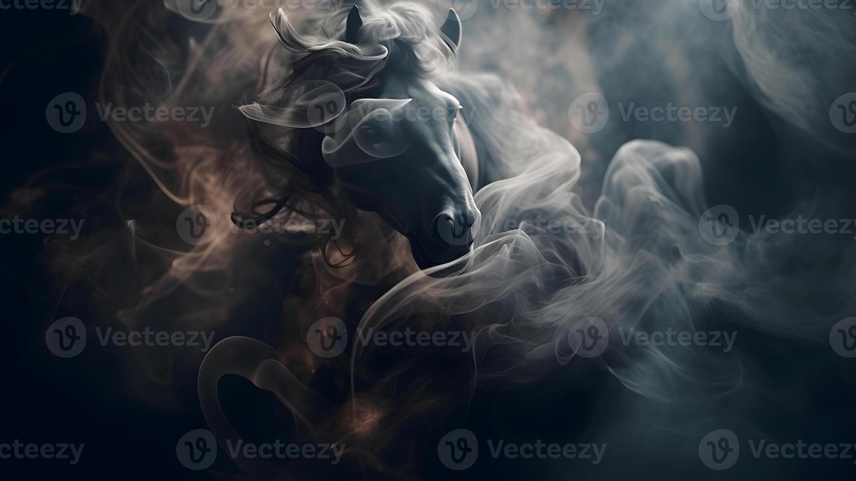 AI generated artisticly lit horse head with smoke and fumes on black background, neural network generated image photo