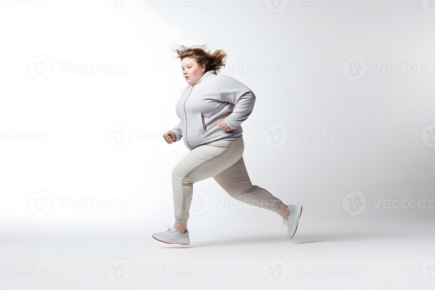 AI generated Overweight young adult Caucasian woman running on white background, concept of overweight and weight loss. Neural network generated photorealistic image photo