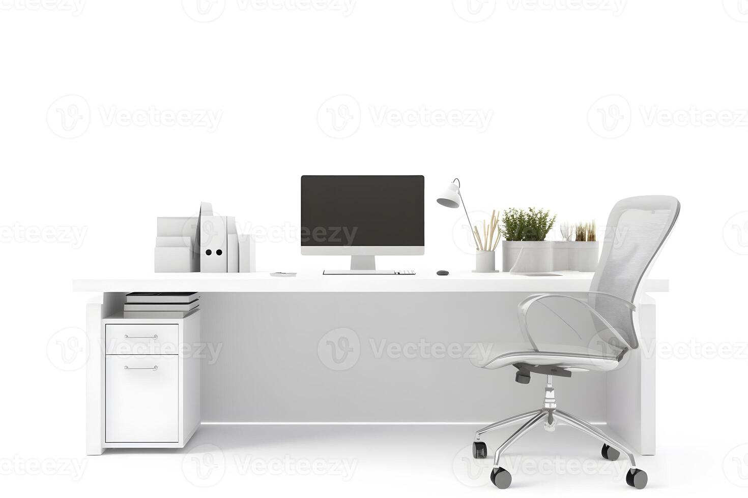 AI generated Office workplace desk in front of empty chair isolated on white background, neural network generated image photo