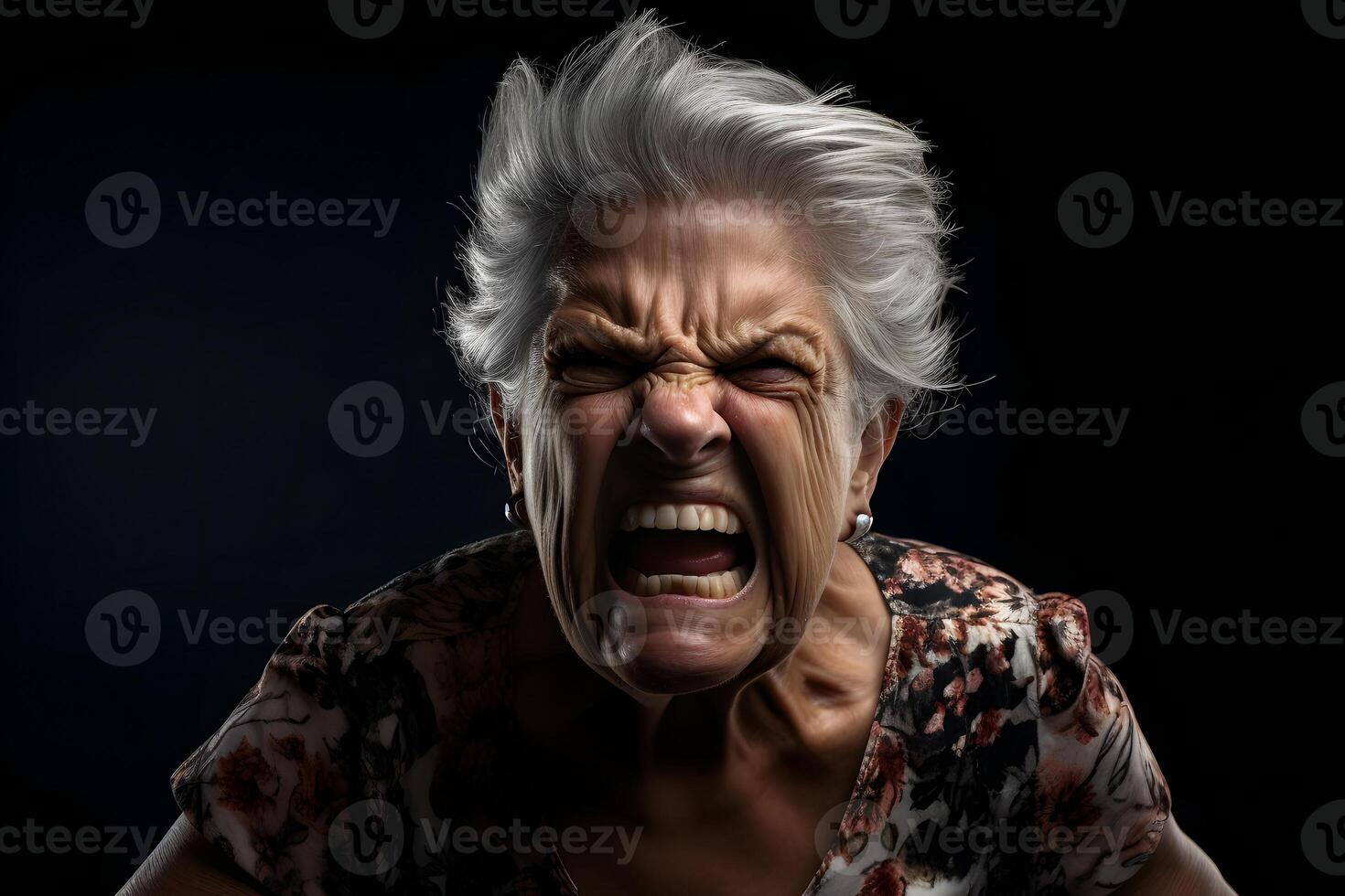 hateful senior Latin American woman screaming, head and shoulders portrait on black background. Neural network generated photorealistic image photo