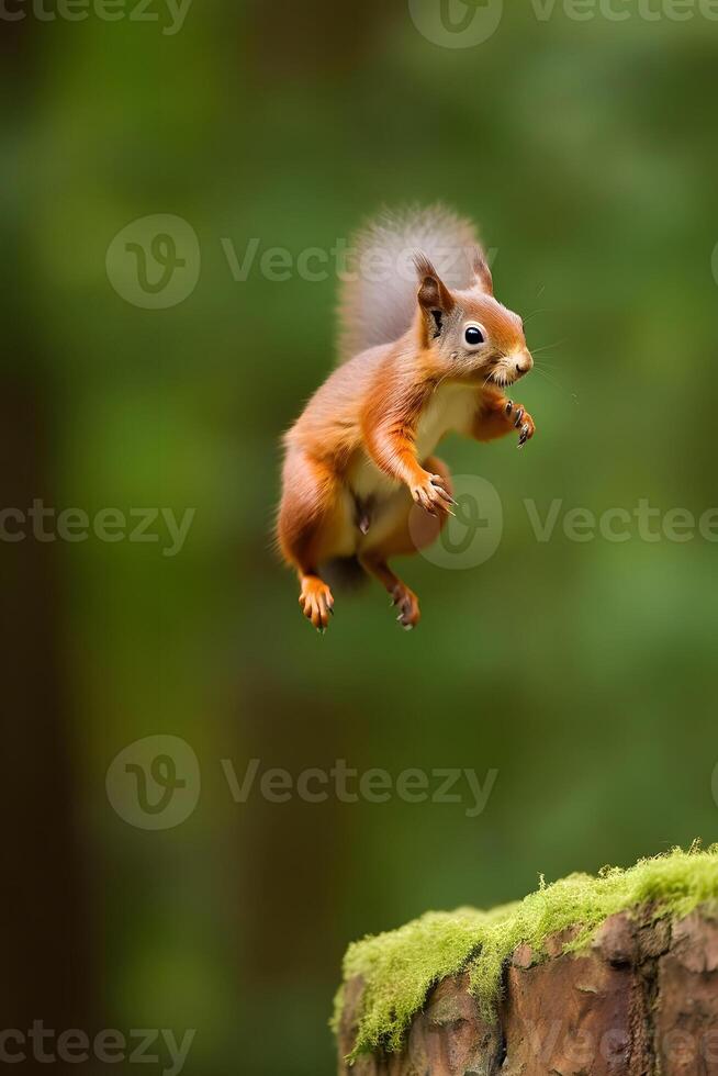 AI generated Eurasian red squirrel Sciurus vulgaris jumping in the forest at summer day, neural network generated photorealistic image photo