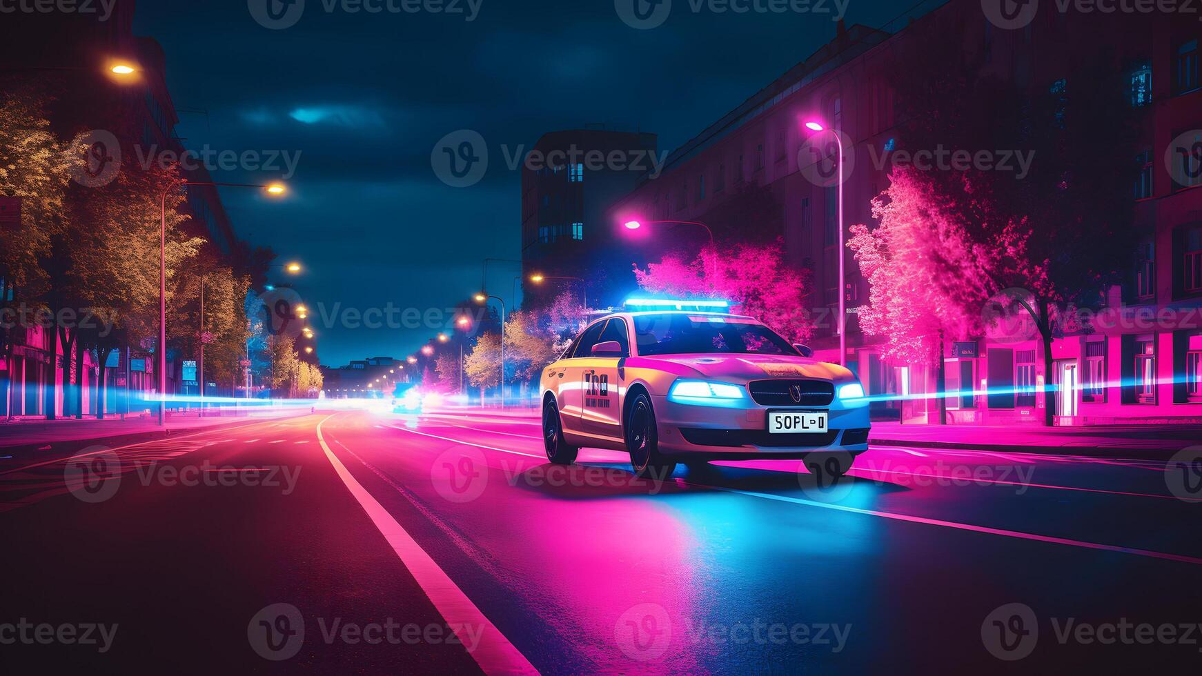 AI generated police car on a road at night in violet colors, neural network generated image photo