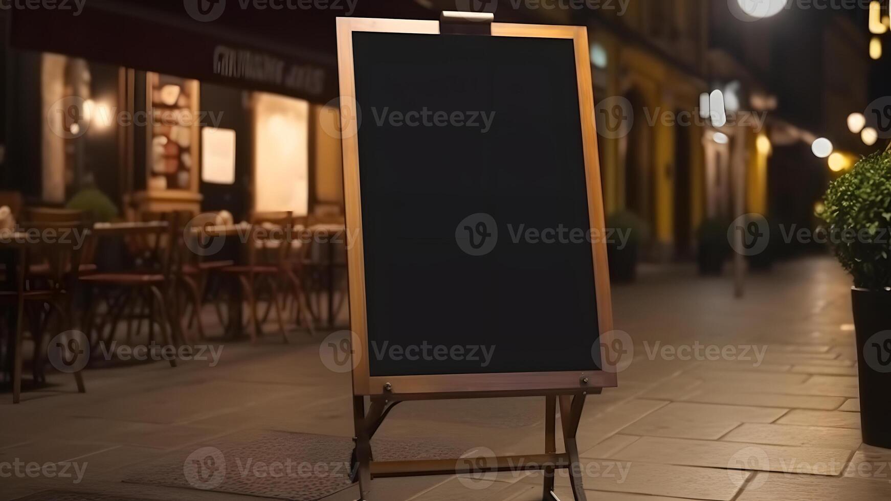 AI generated Blank black restaurant shop sign or menu board near the entrance of street cafe at night, neural network generated image photo