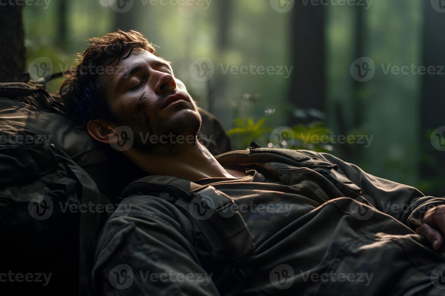 AI generated dirty tired soldier sleeps on tree roots in deep forest at summer afternoon, neural network generated image photo