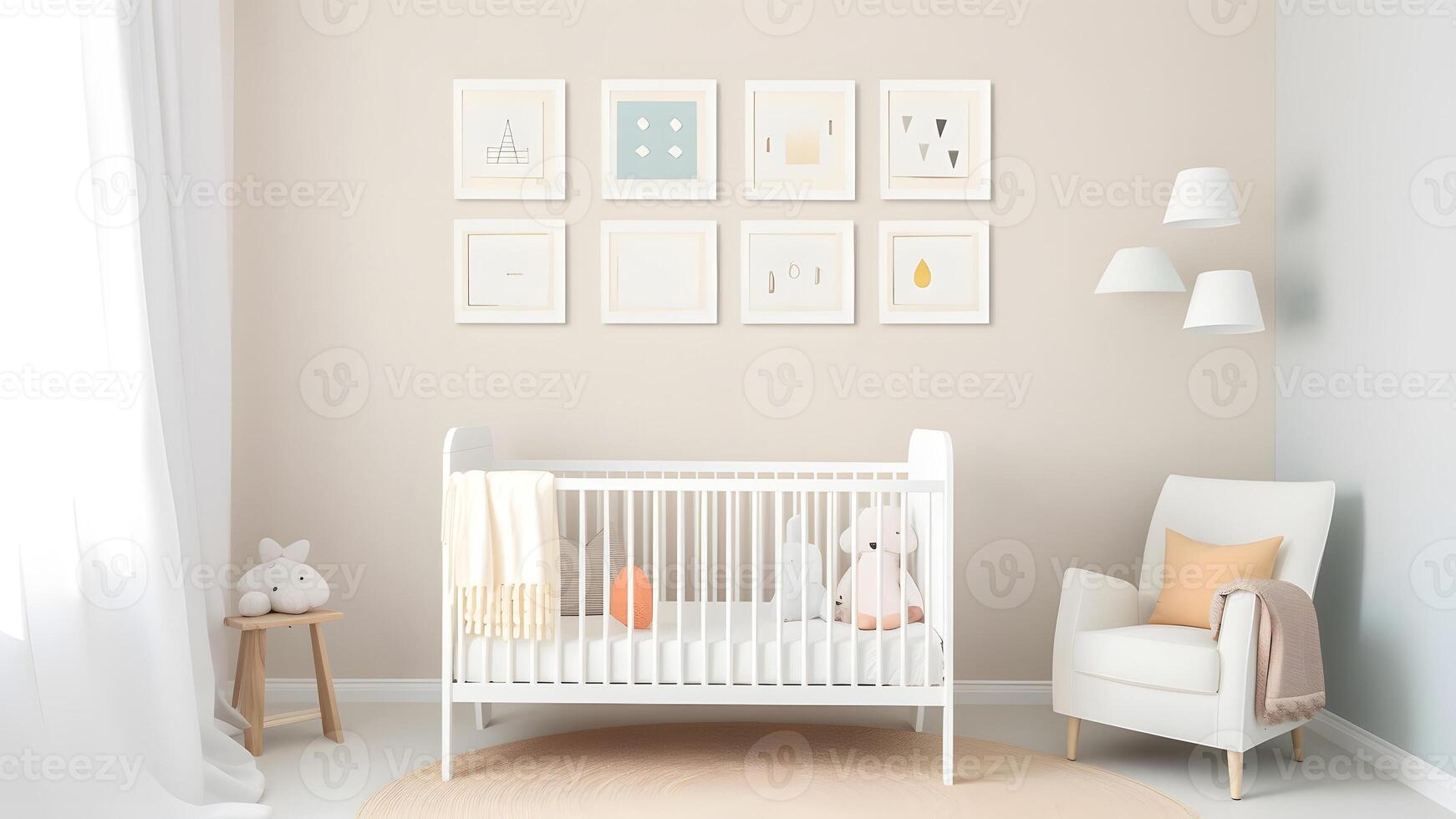 AI generated Bright white minimalist nursery wall with frames above cradle, neural network generated image photo