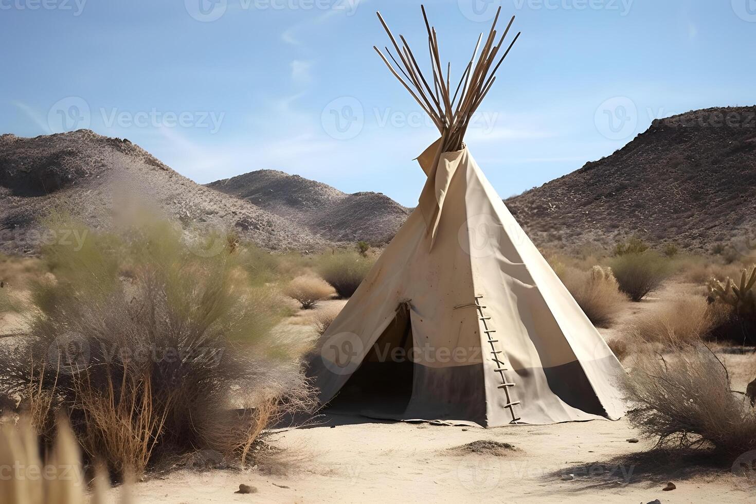 AI generated Native American tent in the desert at sunny summer day, neural network generated image photo