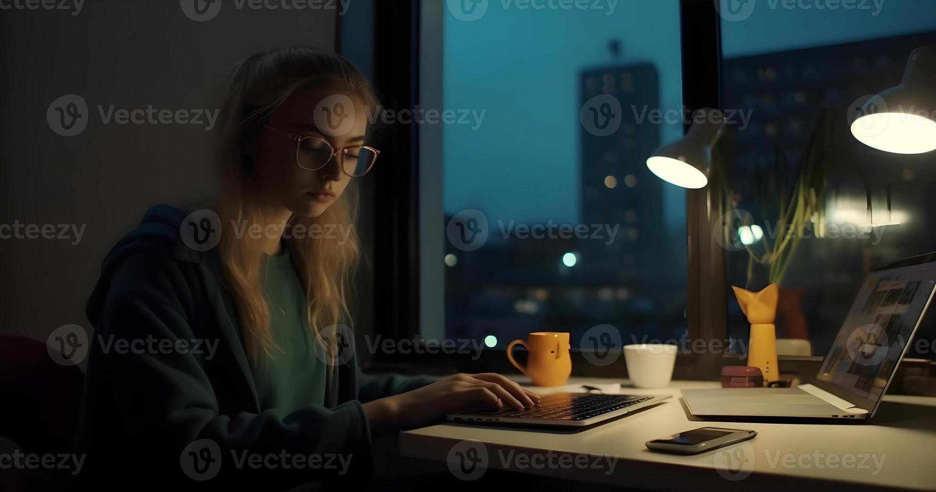 AI generated blonde caucasian girl using laptop sitting at working table in her home office, neural network generated photo