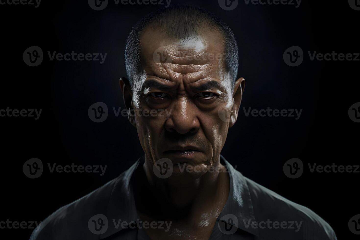 AI generated Angry mature Asian man, head and shoulders portrait on black background. Neural network generated image photo