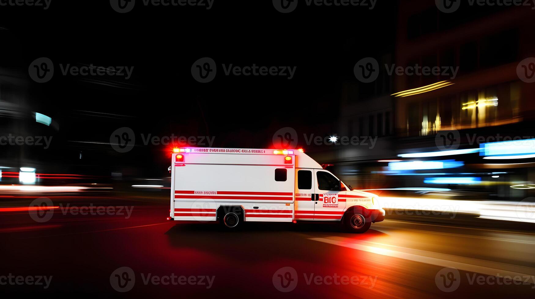 ai generado emergencia ambulancia coche Moviente rápido en noche americano ciudad céntrico distrito con movimiento difuminar, neural red generado Arte foto