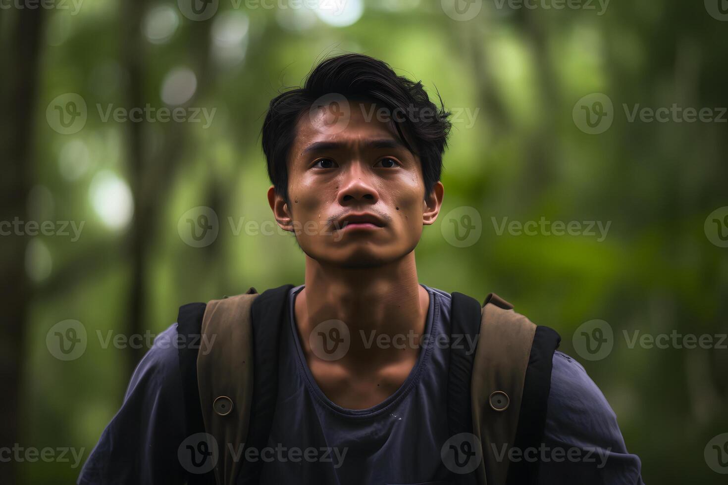 ai generado asiático hombre en verano bosque a día, neural red generado fotorrealista imagen foto