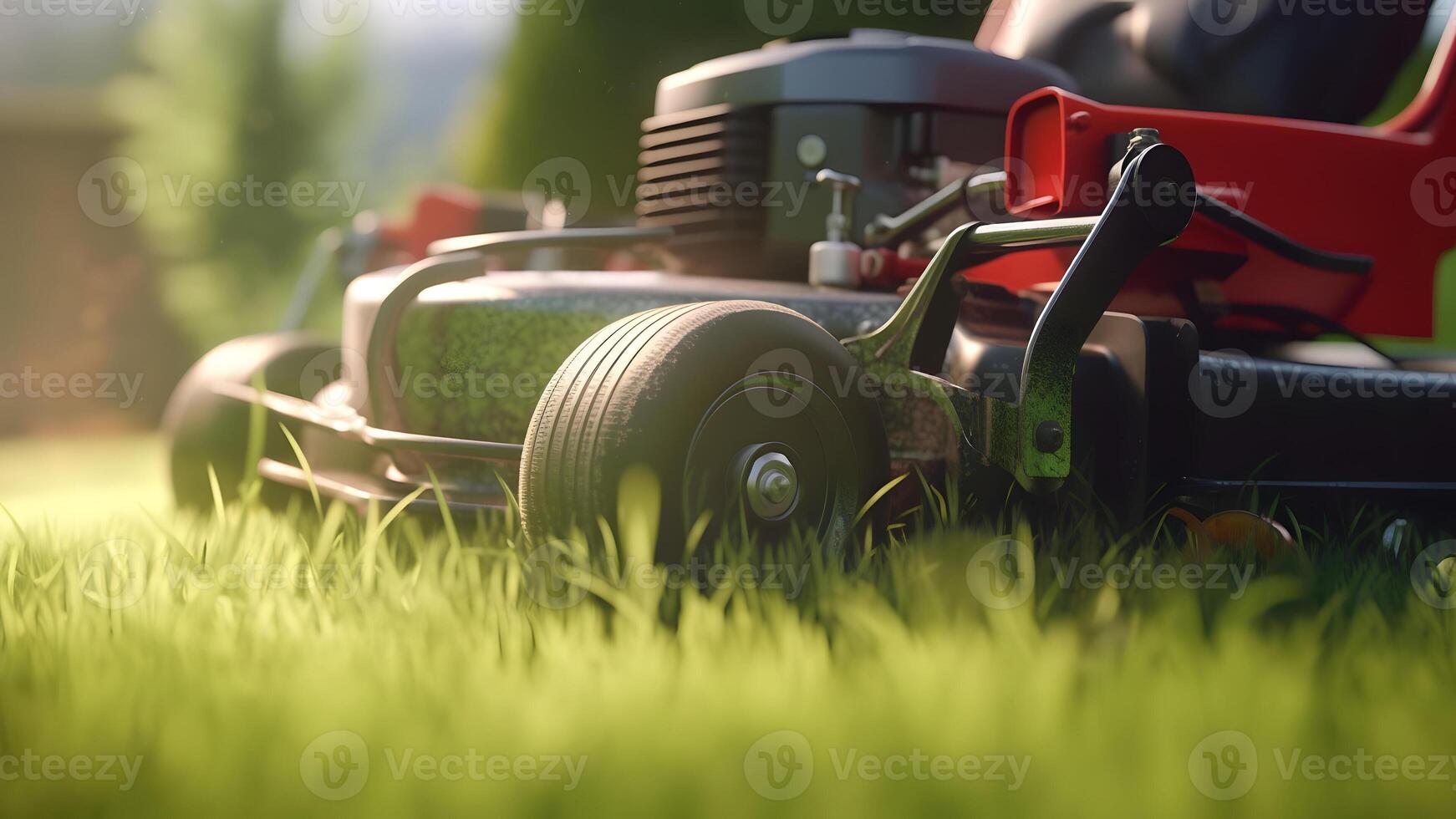 AI generated close up of lawn mower in action on lawn at sunny summer day, neur al network generated image photo