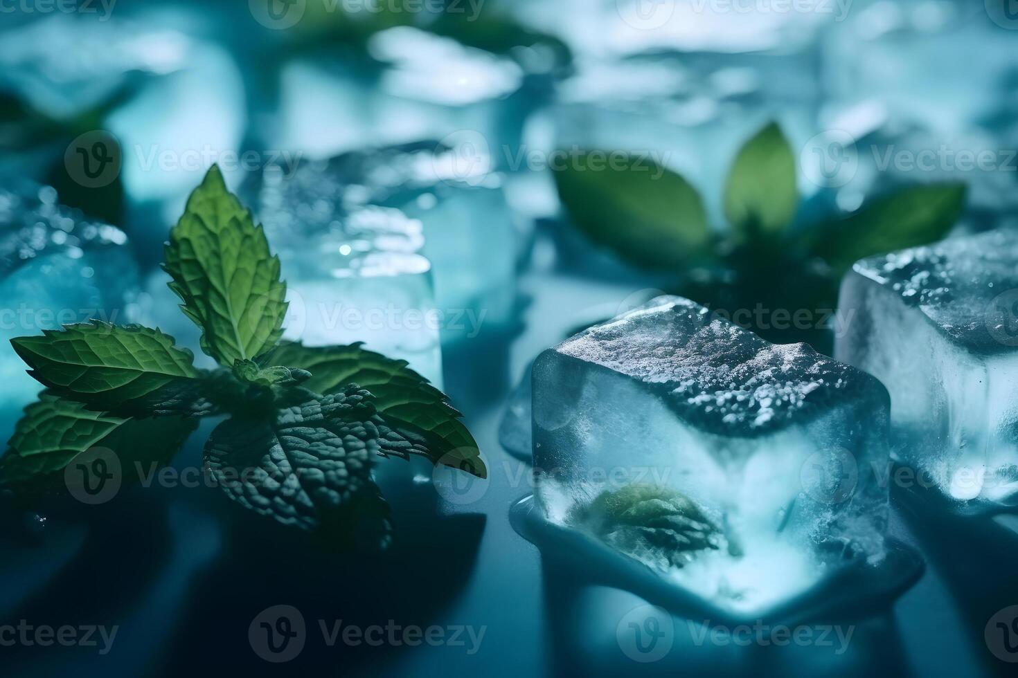AI generated Ice cubes with fresh green mint leaves closeup on dark background, neural network generated image photo