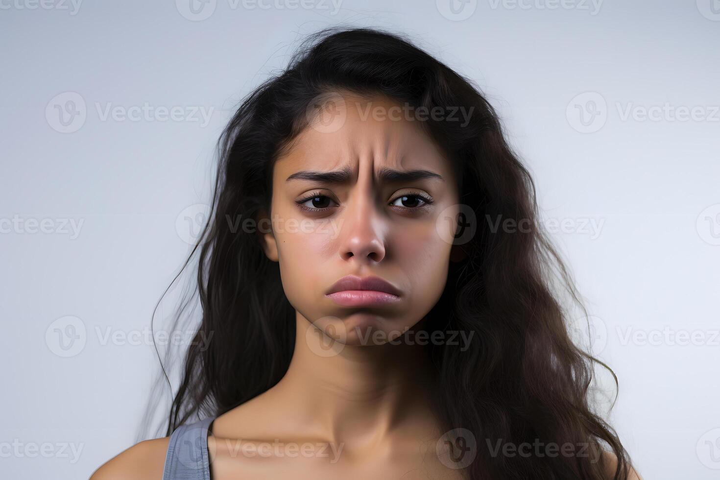 AI generated Sad young adult Latin American woman on white background. Neural network generated photorealistic image. photo