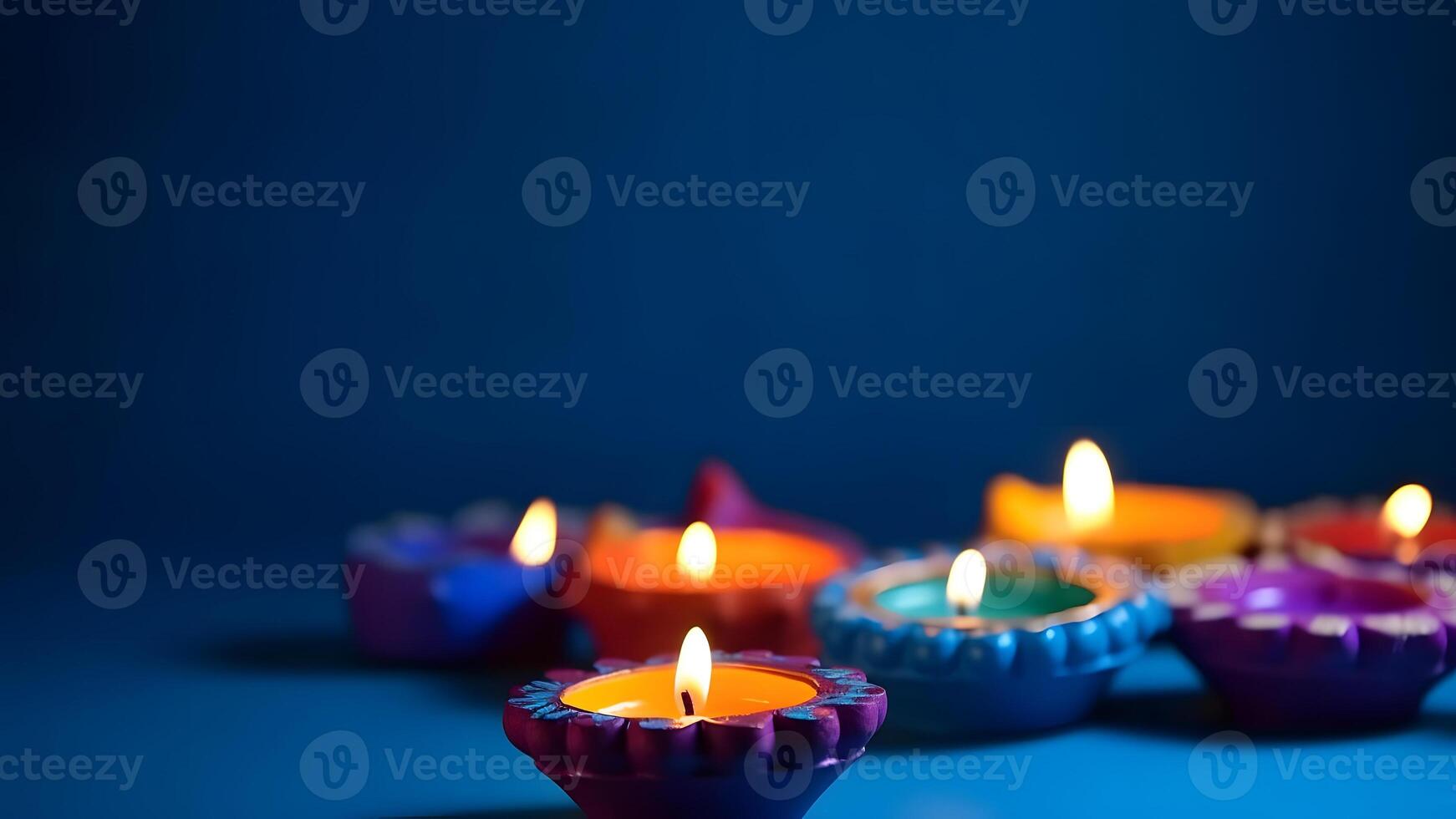 AI generated Happy Diwali - Clay Diya lamps lit on blue background during Diwali celebration, neural network generated photorealistic image photo