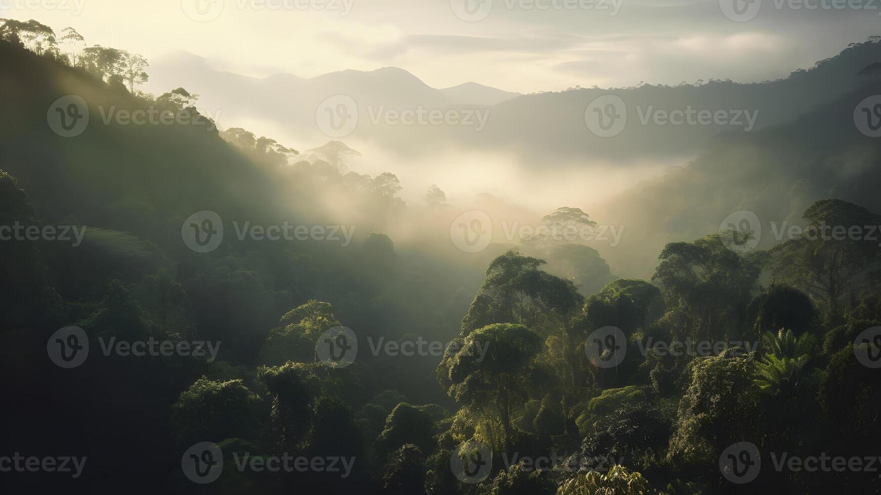 AI generated spectacular view on the rainforest in the sunrise, neural network generated photorealistic image photo