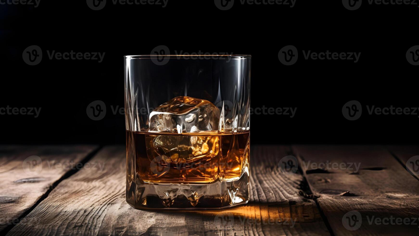 AI generated Whiskey on rocks in glass on rustic wooden background with copy space, neural network generated image photo