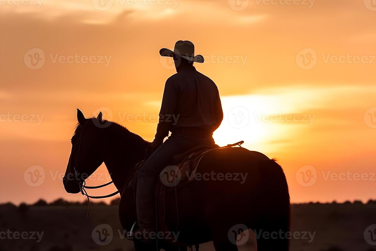 ai generado silueta de un vaquero en un caballo a atardecer, neural red generado fotorrealista imagen foto