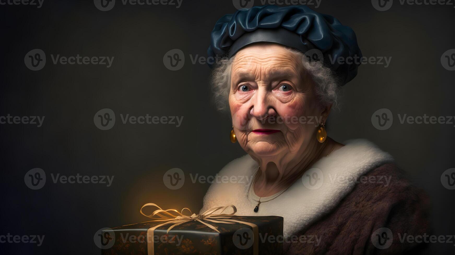 AI generated old lady with christmas gift portrtait, neural network generated art photo