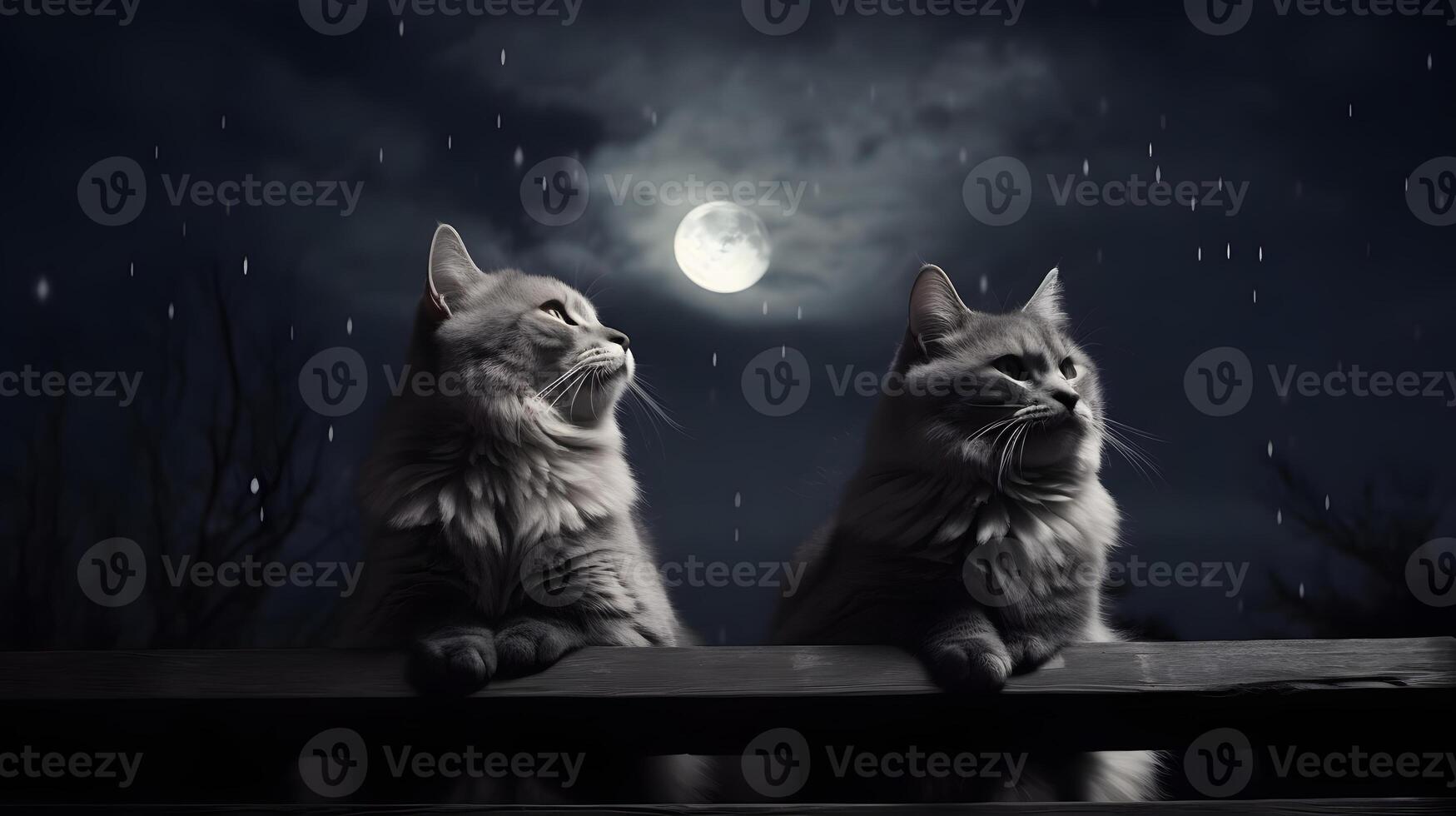 AI generated couple of adorable cats sitting on fence in front of full moon night sky, neural network generated image photo