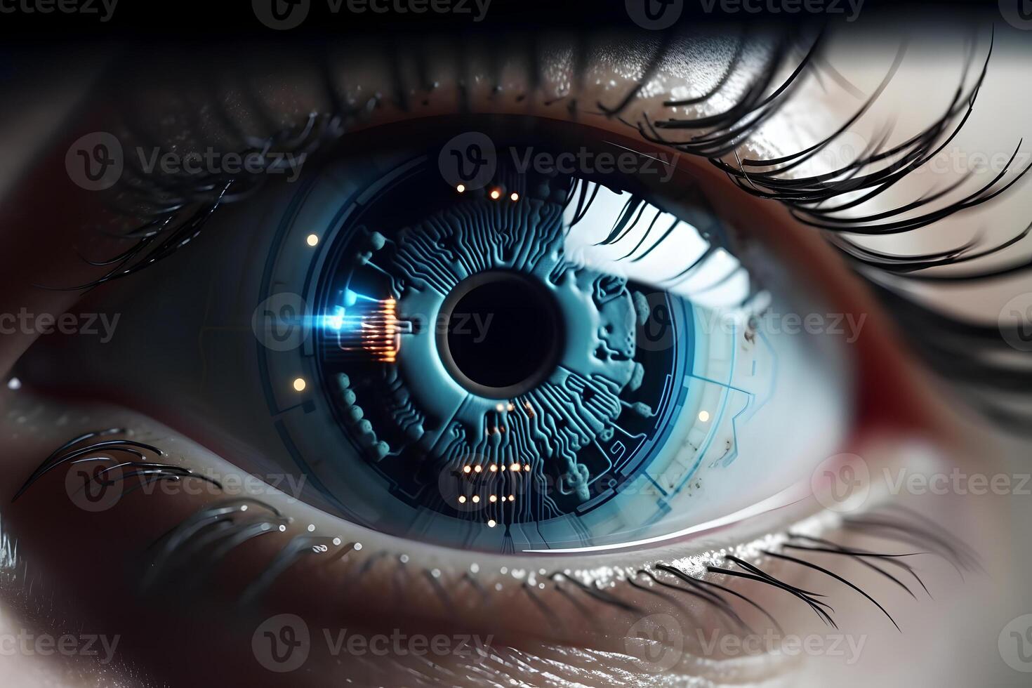 AI generated Closeup view of normal human eye with cybernetic pupil. Neural network generated photorealistic image photo