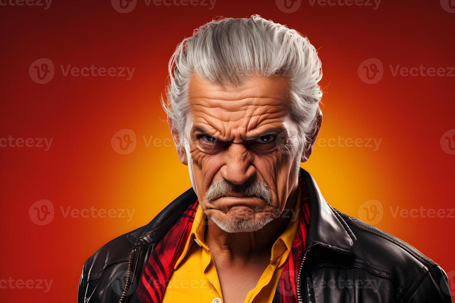 Sulking senior Latin American man, head and shoulders portrait on red background. Neural network generated photorealistic image photo