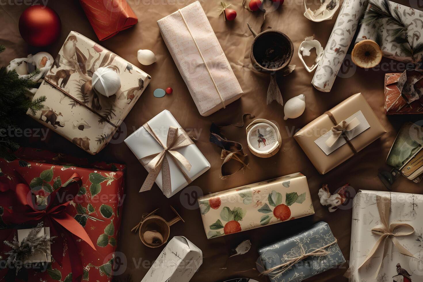 AI generated Overhead view of many Christmas presents wrapped with craft paper on paper surface, neural network generated photorealistic image photo
