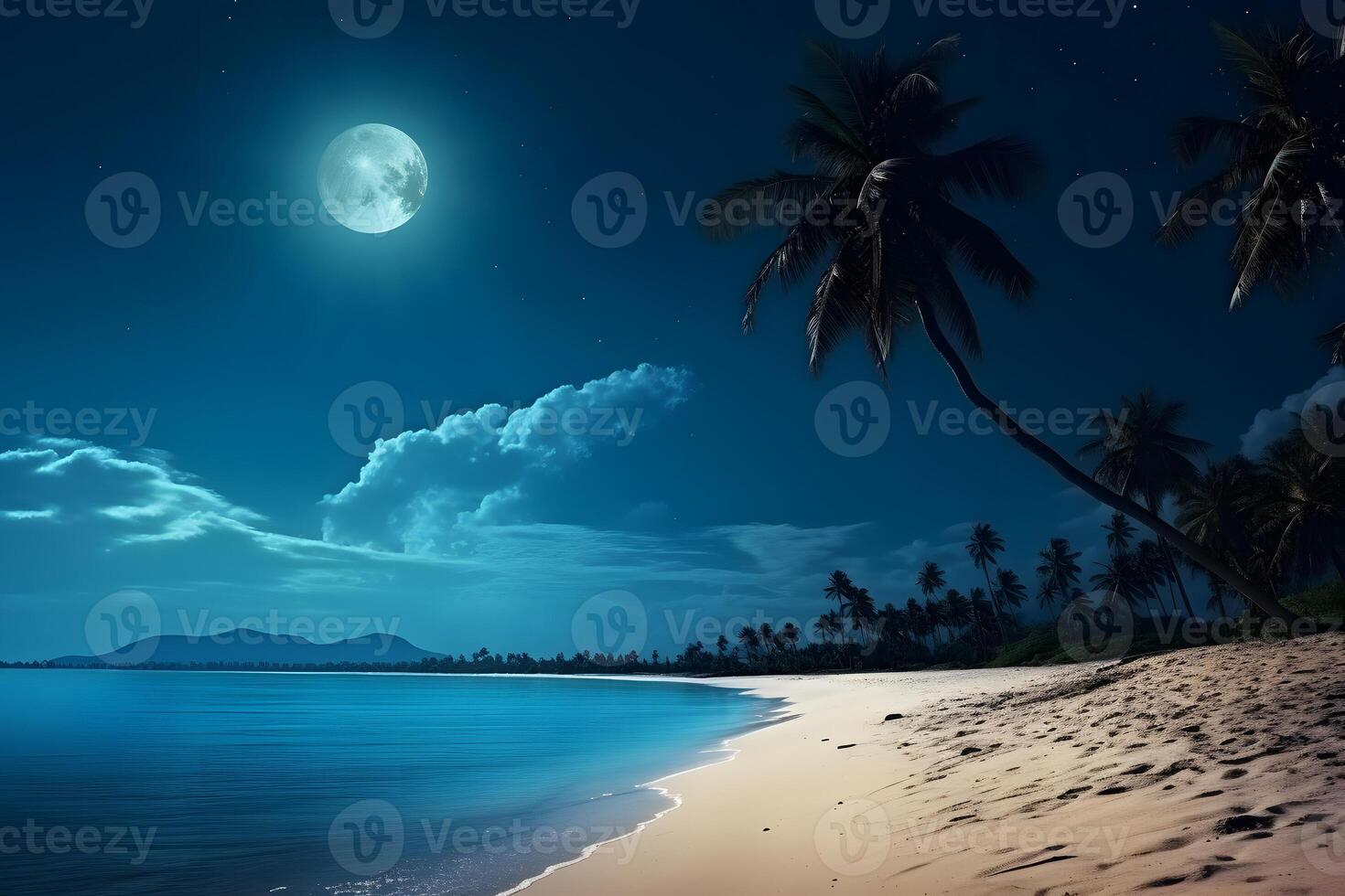 ai generado tropical playa ver con blanco arena, turquesa agua y palma árbol a lleno Luna noche, neural red generado fotorrealista imagen foto