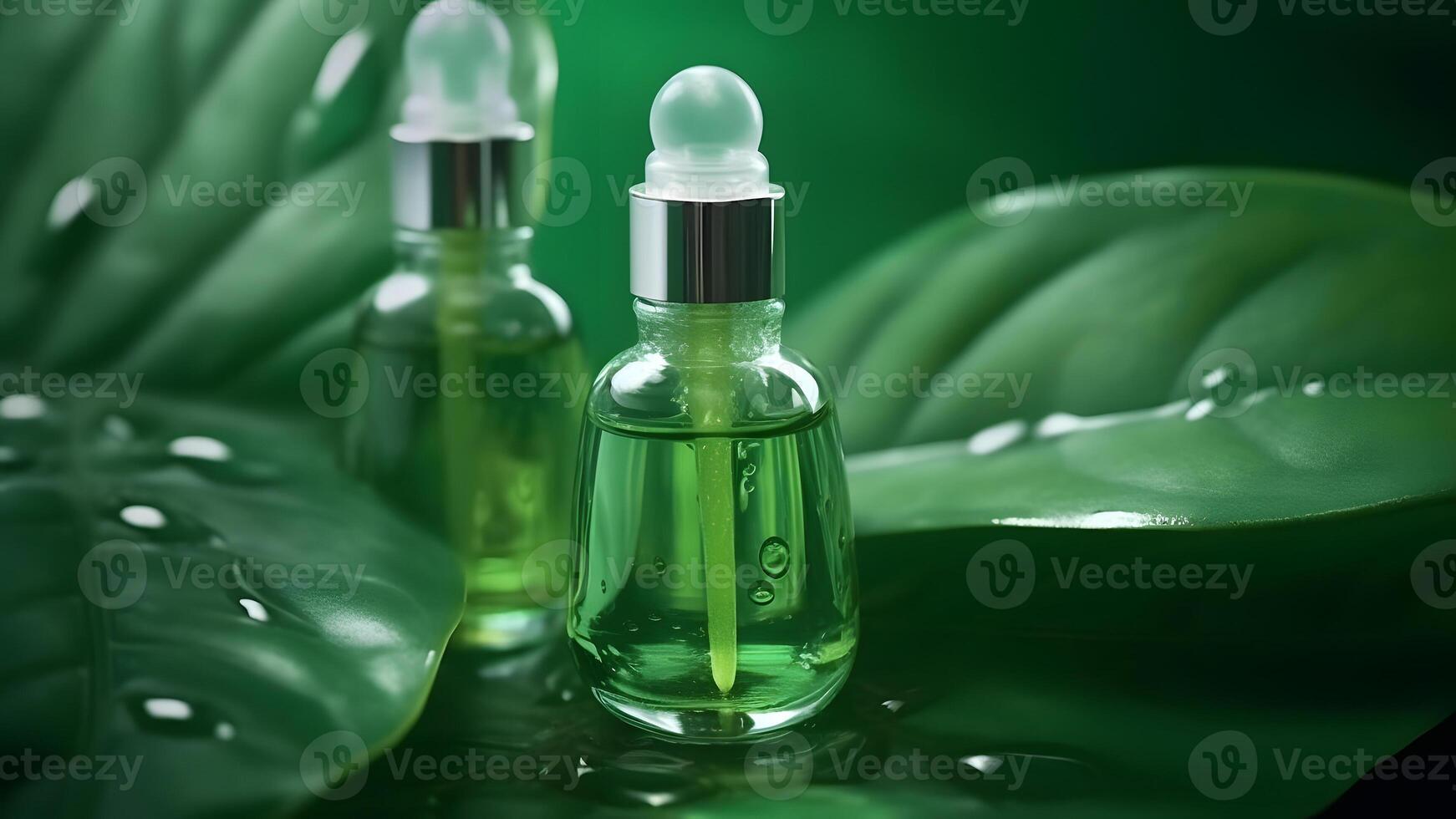 AI generated Two small green bottles with oil serum on a big green leaf with drops of water, neural network generated image photo