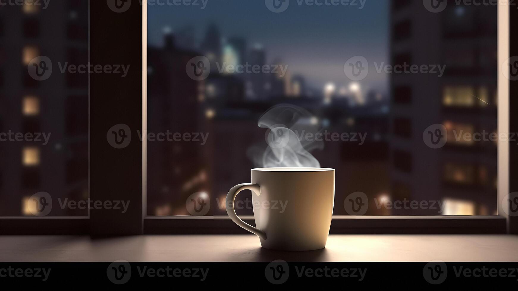 ai generado caliente café taza en antepecho con borroso noche ciudad en el fondo, neural red generado imagen foto
