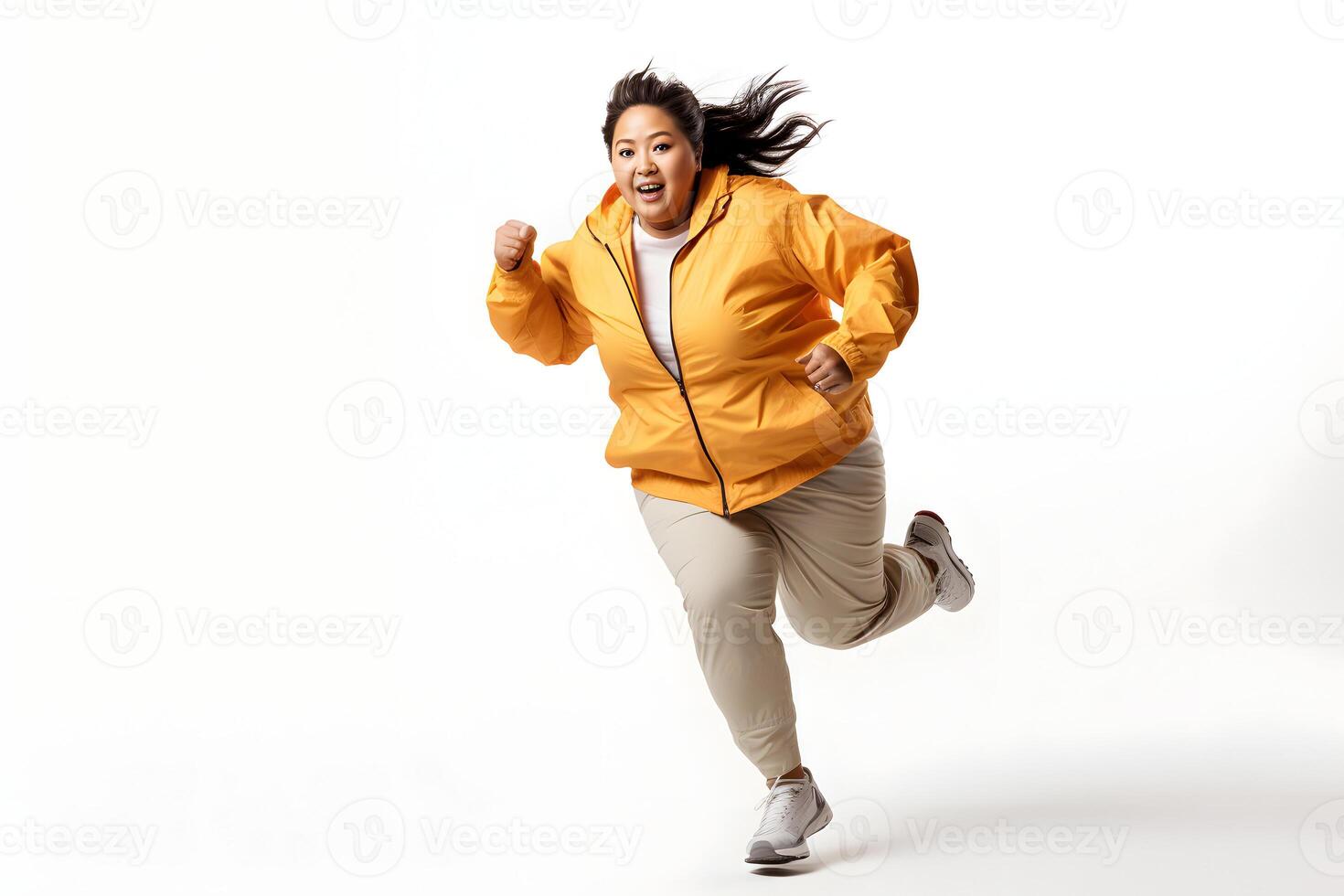 ai generado exceso de peso asiático mujer corriendo en blanco fondo, concepto de exceso de peso y peso pérdida. neural red generado fotorrealista imagen foto