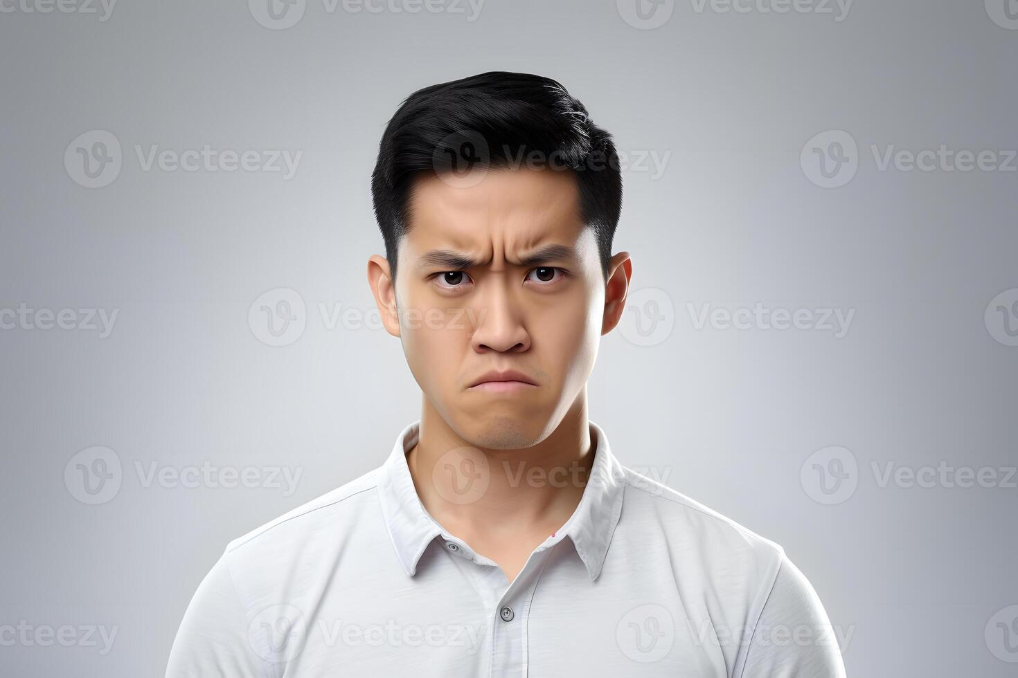AI generated serious young adult Asian man, head and shoulders portrait on light grey background. Neural network generated photorealistic image photo