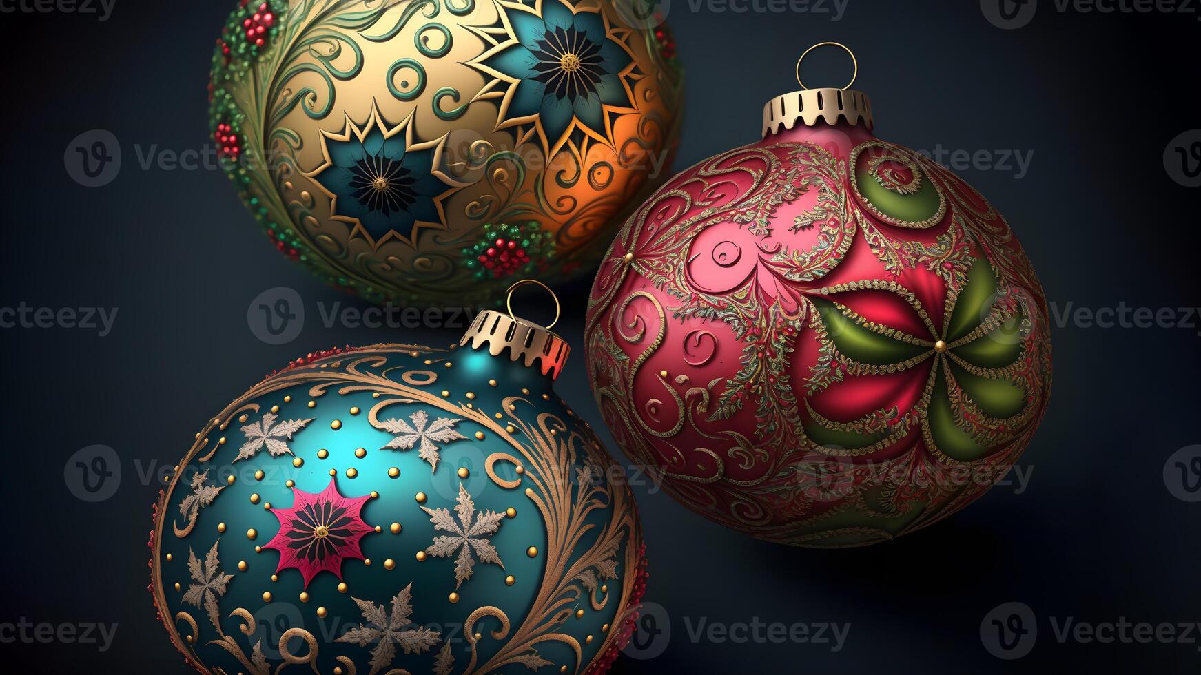AI generated colorful christmas balls with complex ornaments close-up, neural network generated art photo