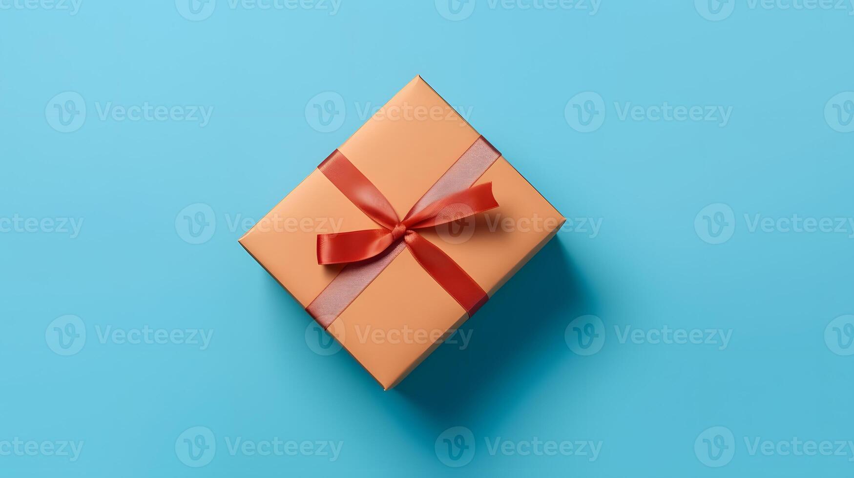 AI generated One gift box in craft wrapping paper and red satin ribbon with bow on light blue clean flat surface background, neural network generated image photo