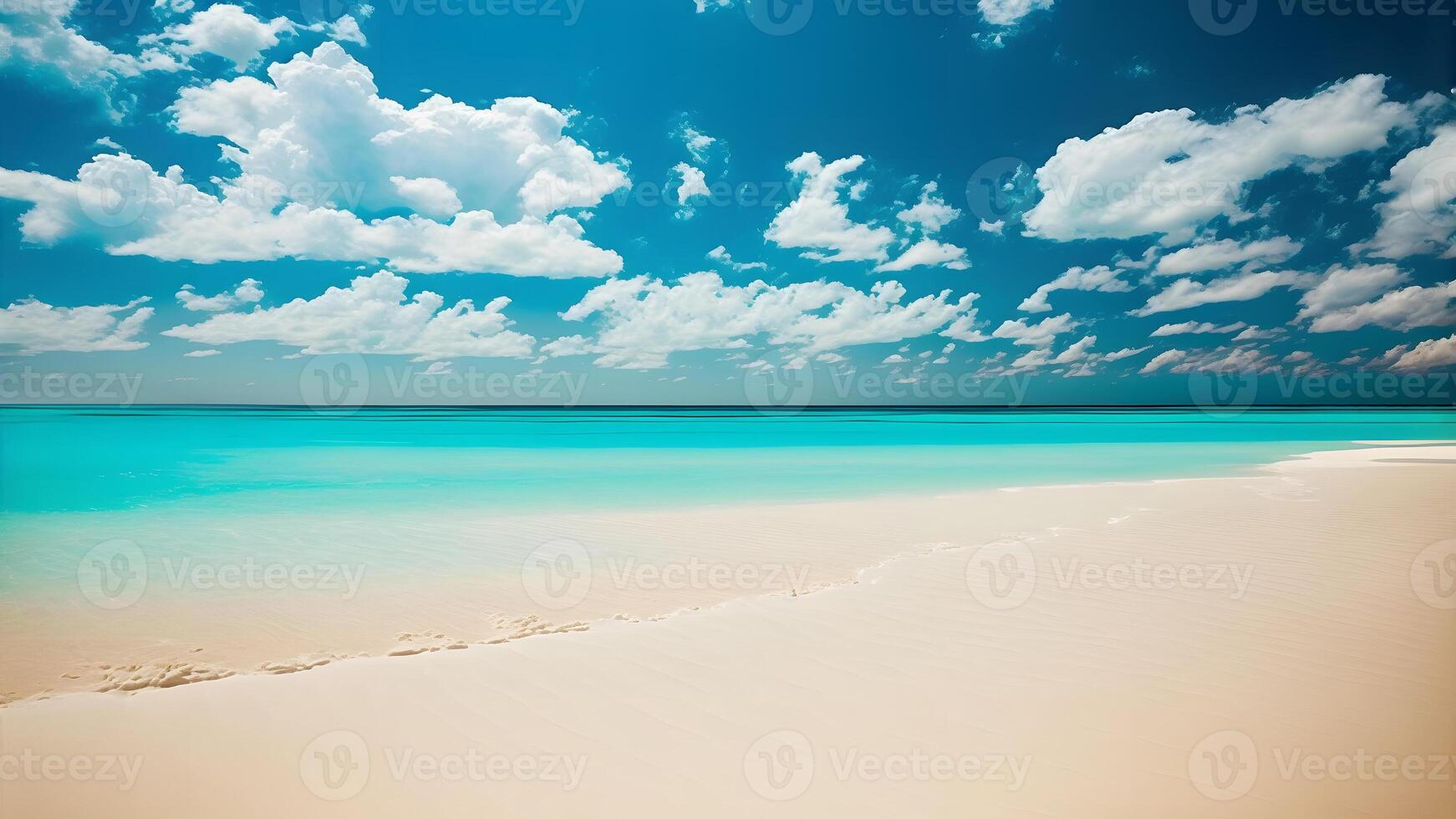 AI generated Summer beach background. White sand, turquoise sea and blue sky, neural network generated art photo