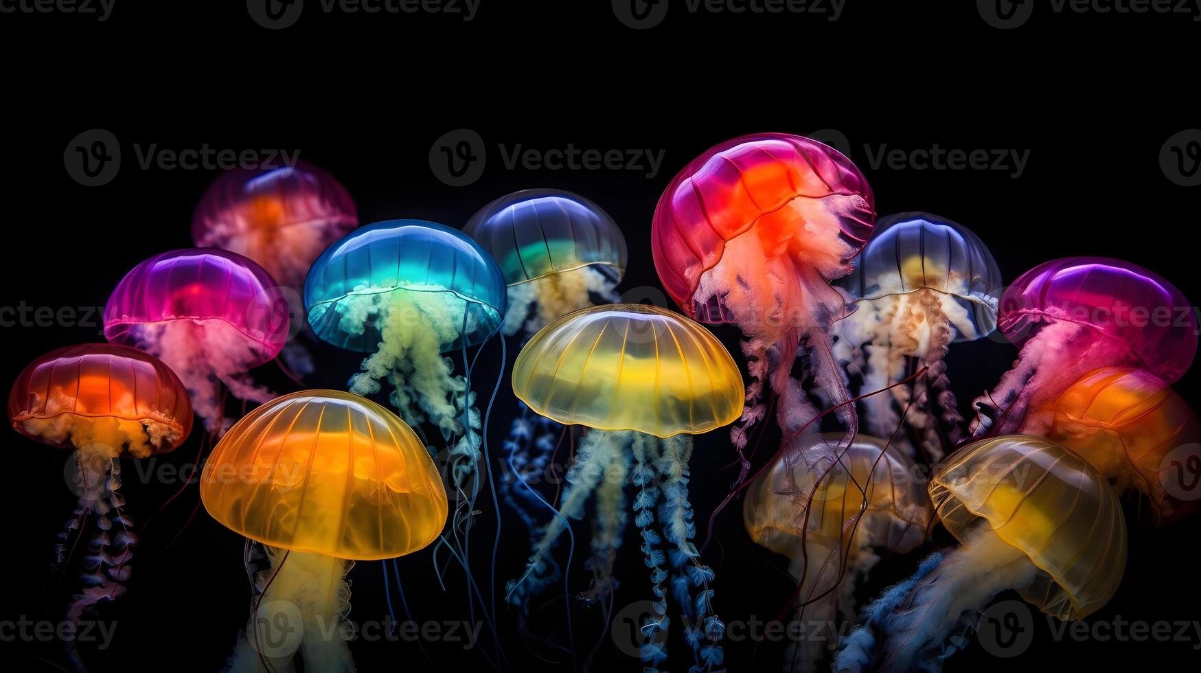 AI generated glowing sea jellyfishes on dark background, neural network generated image photo