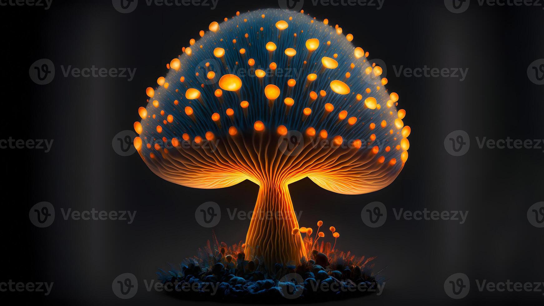 AI generated glowing magic mushroom on black background, neural network generated art photo