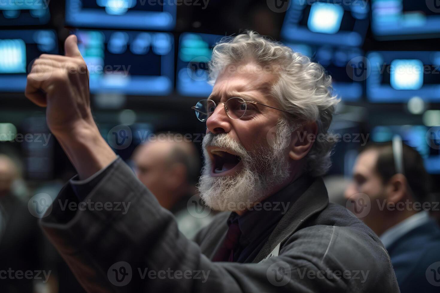 AI generated caucasian man yelling with rised hand in stock exchange, neural network generated image photo