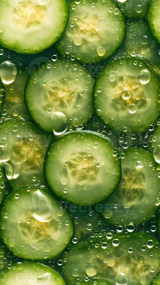 AI generated seamless background and texture of sliced cucumbers with drops of water, neural network generated image photo