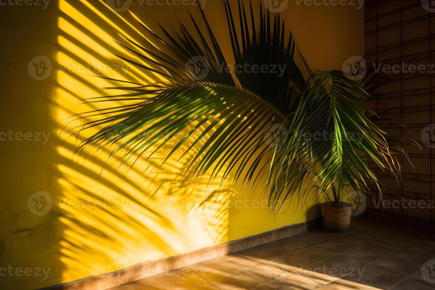 AI generated shadow of a palm leaves on a yellow wall, neural network generated image photo