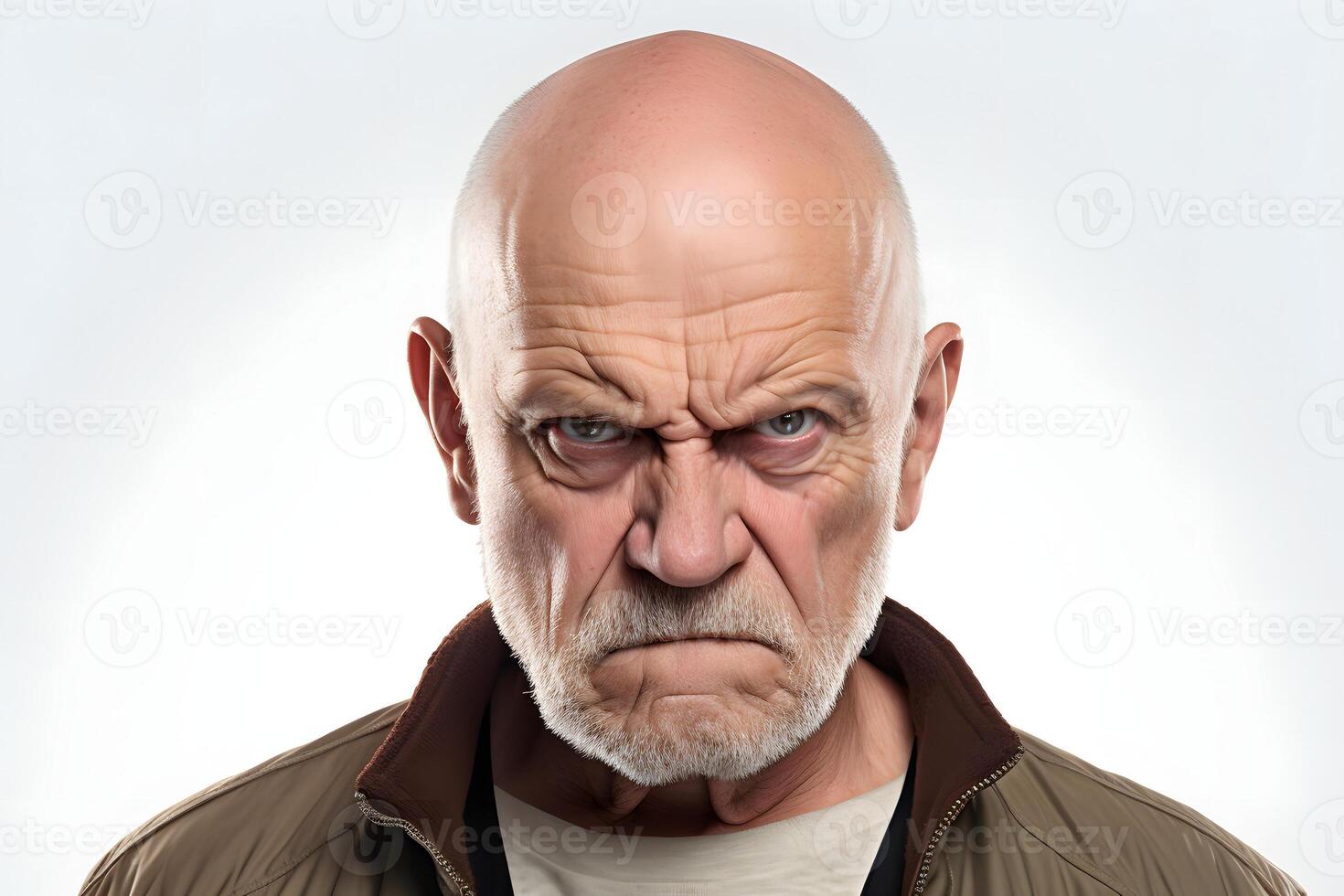 AI generated Angry senior Caucasian man, head and shoulders portrait on white background. Neural network generated photorealistic image photo