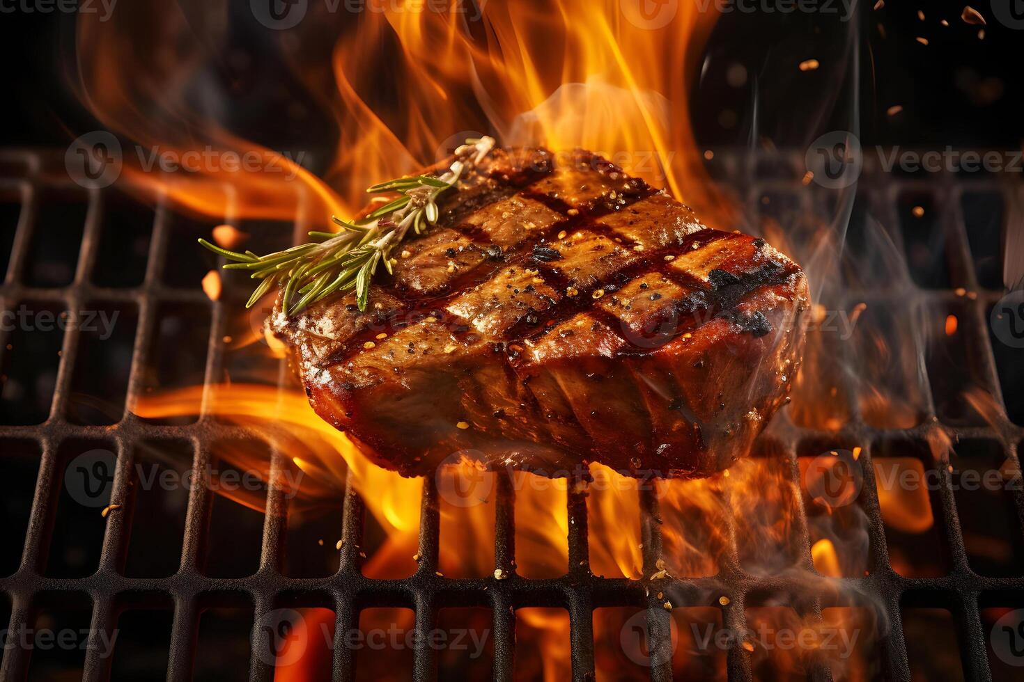AI generated Tasty beef steak lying on steel grate with fire flames around, neural network generated photorealistic image photo