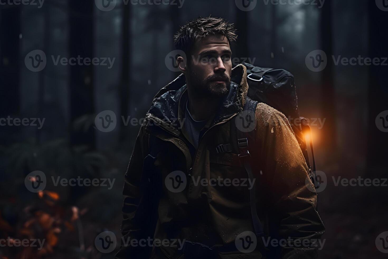 AI generated Young adult Caucasian man lost in autumn forest at evening, neural network generated photorealistic image photo