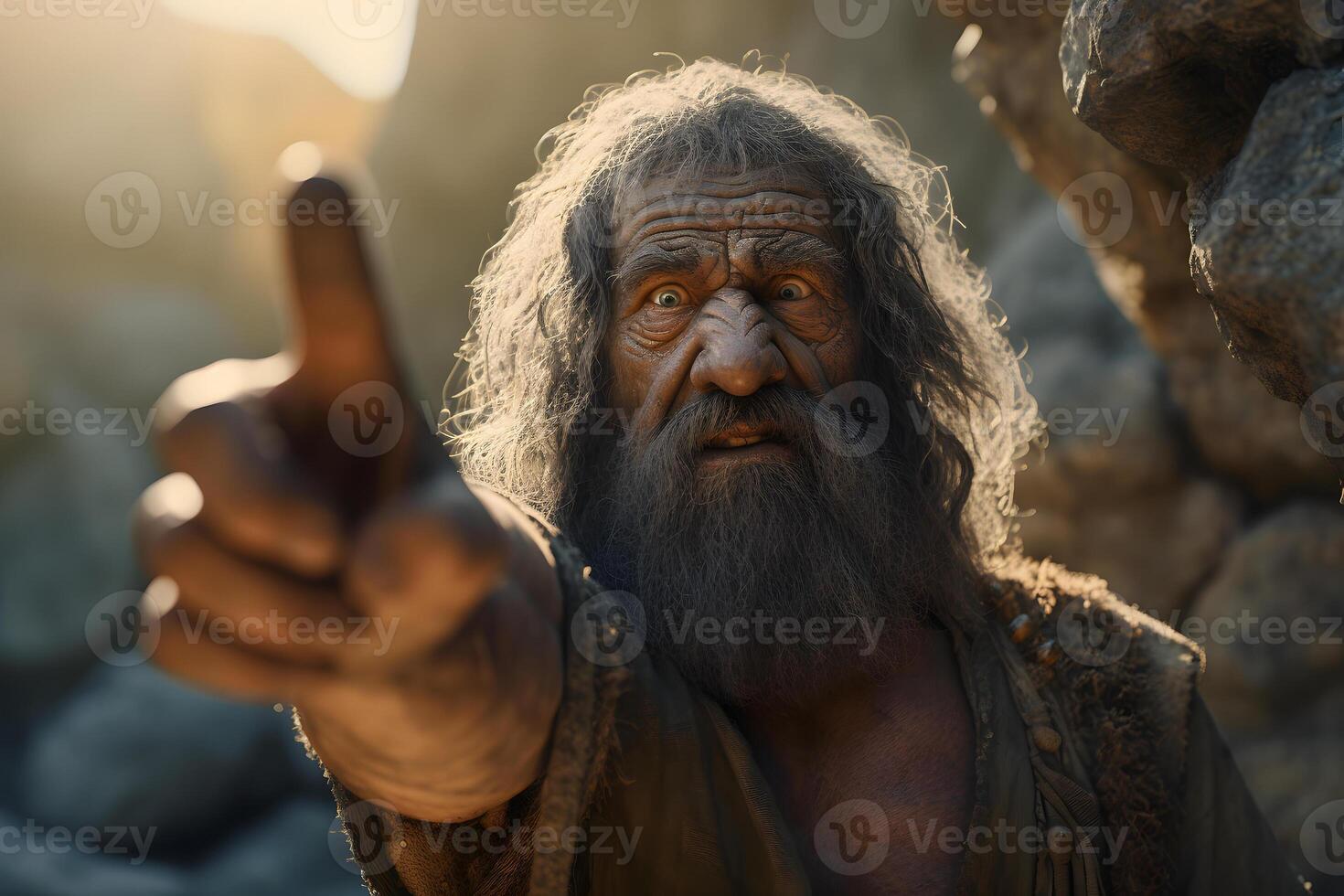 AI generated stone age mature gray-haired old man points finger at viewer side, neural network generated image photo