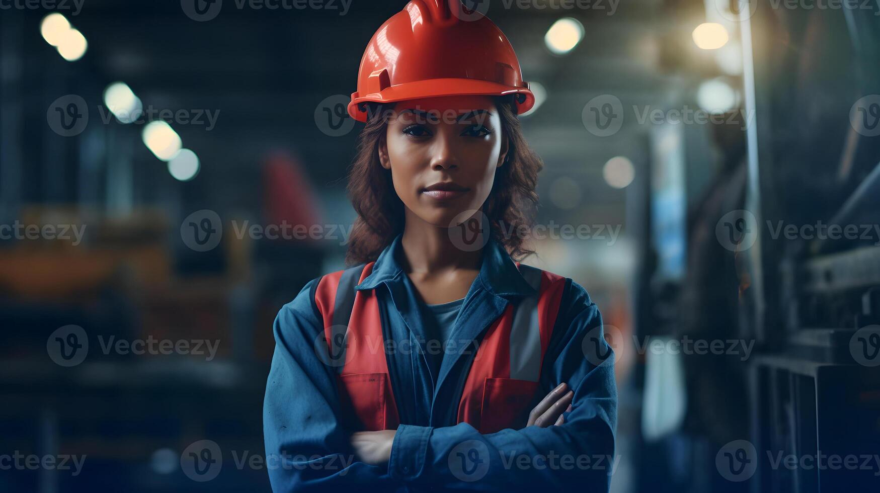 ai generado africano americano mujer en naranja difícil sombrero posando con su brazos cruzado en un industrial depósito, neural red generado fotorrealista imagen foto