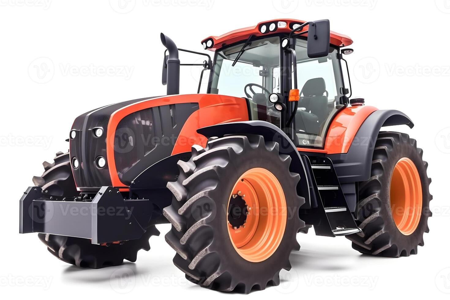 AI generated red and black colored contemporary argicultural tractor with orange wheel rims isolated on white background, neural network generated image photo