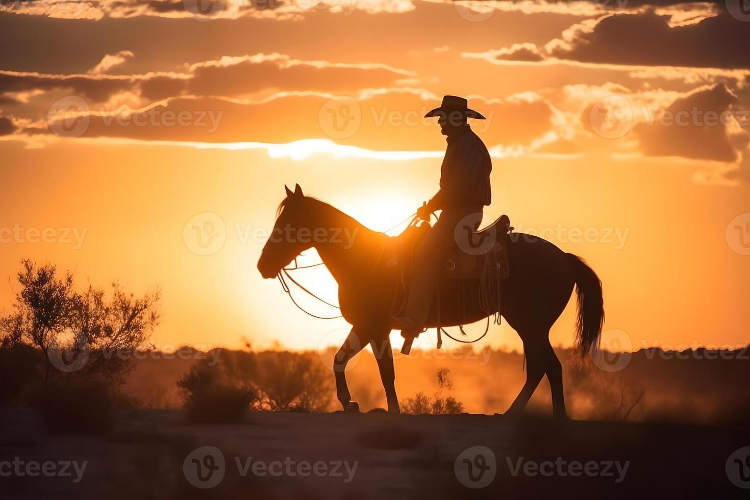 AI generated Silhouette of a cowboy on a horse at sunset, neural network generated photorealistic image photo