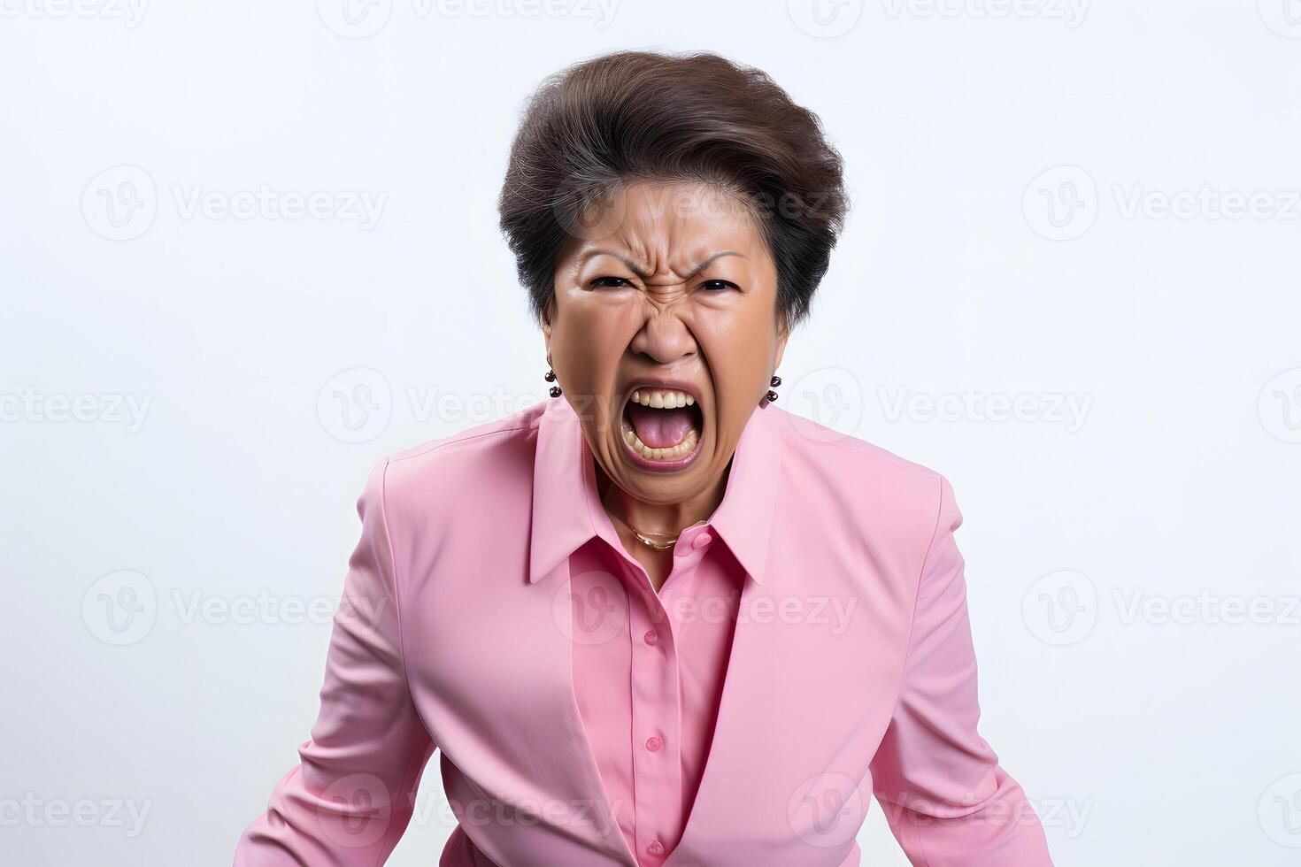 AI generated Angry senior Asian woman yelling on white background. Neural network generated photorealistic image. photo