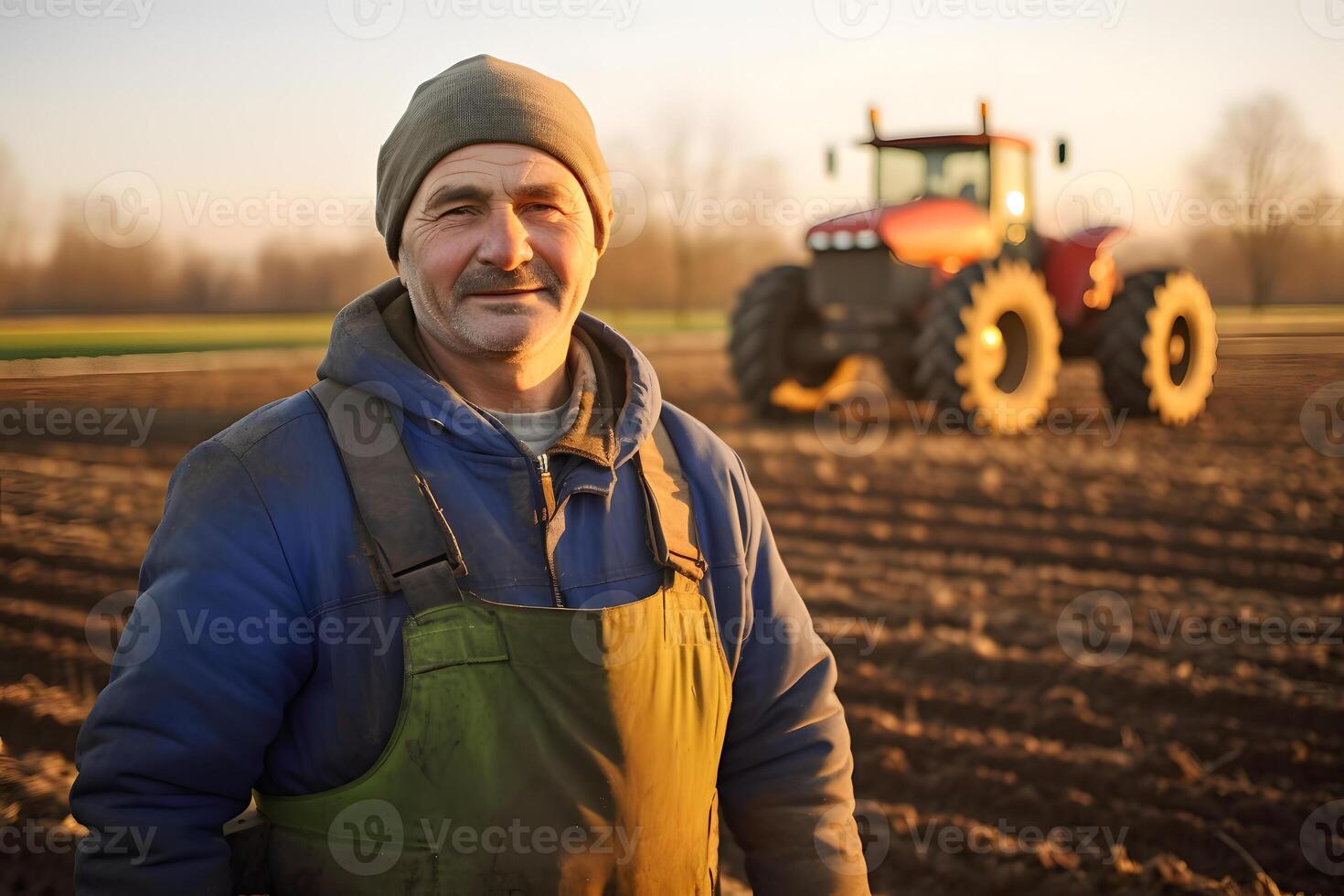 AI generated Farmer in the middle of his plowing field in spring, in the early morning. Neural network generated photorealistic image photo