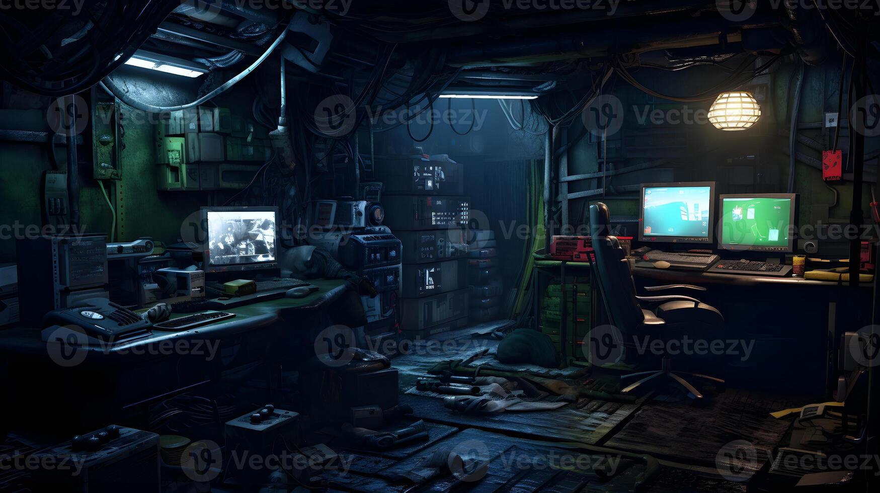 AI generated Messy and dark cyberpunk hacker hideout room. Neural network generated image photo